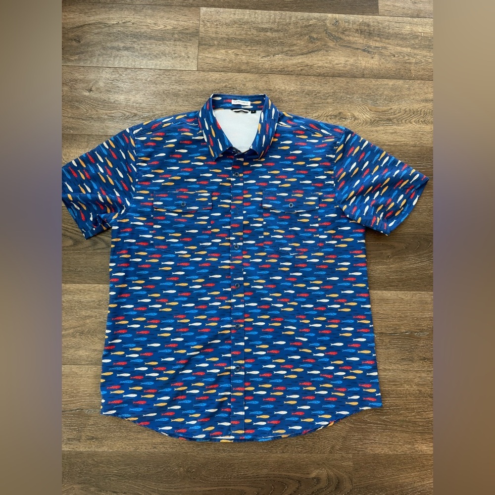 Men's Blue Fish Patterned Shirt, Four Way Stretch, size large